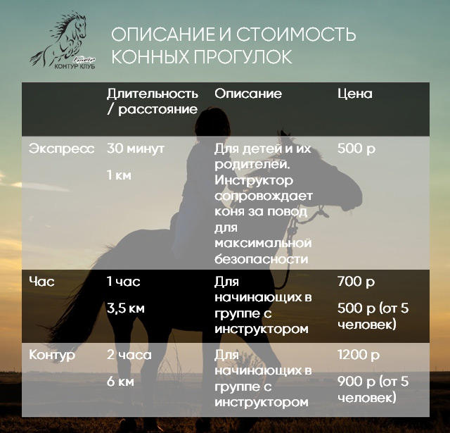 Конные прогулки: Цены Конные прогулки: Цены
